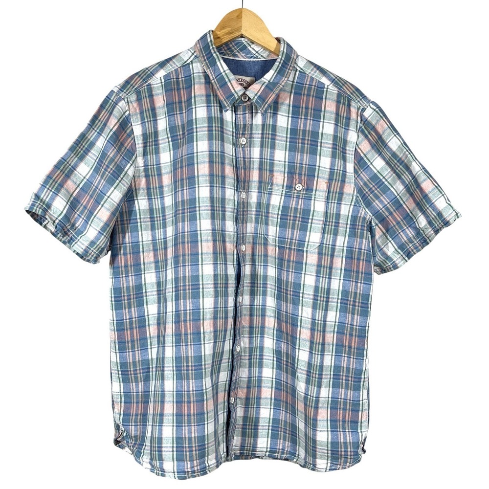 Fat Face Linen Blend Short Sleeve Shirt Mens XL Pastel Plaid Preppy Casual UK
